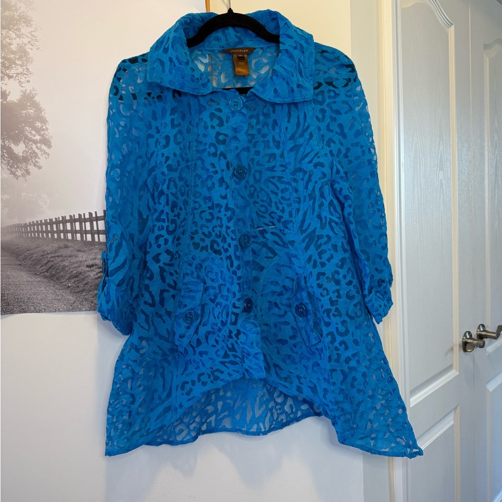 Multiples Sheer Blue Floral Blouse XS Elegant Boutique 3/4 Sleeve